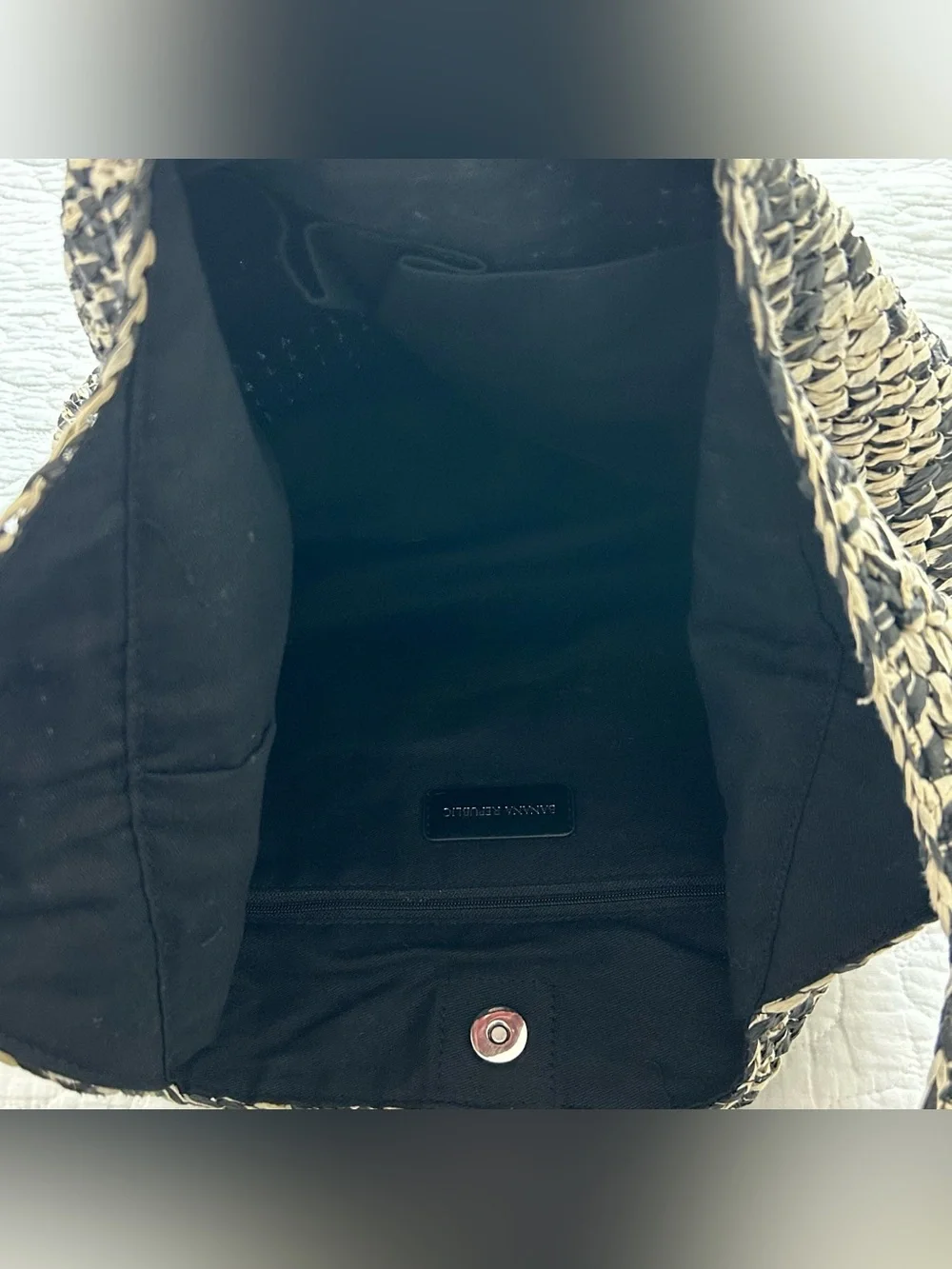 Banana Republic Marled Raffia Tote Bag Straw Hobo Purse Black White Slouchy Boho
